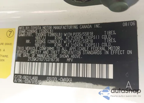 2007 Lexus Rx 350 z USA, uszkodzony, nr VIN 2T2GK31U77C016736